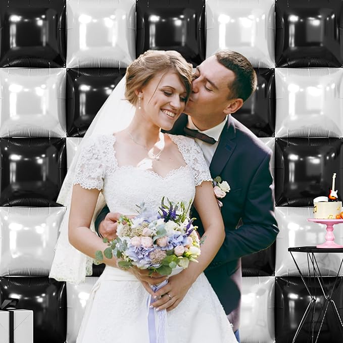 NISOCY 25PCS Black White Square Foil Balloons Wall Backdrop Double Sided Black Pearl White Balloons Arch Kit for Birthday Wedding Anniversary Bridal Baby Shower Graduation Party Decorations