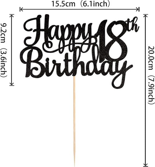 1 PCS Happy 18th Birthday Cake Topper Glitter Cheers to 18 Years Birthday Cake Pick 18 Fabulous Cake Decoration for Happy 18th Birthday Theme Party Decorations Supplies Black