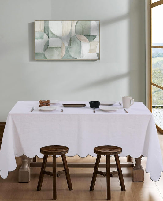 100% Pure Linen Scalloped Embroidery Rectangle Tablecloths 108Lx60W Inch for Dinners, Parties, Spring, Machine Washable, 8-10 Sets, White(Edges-Green)