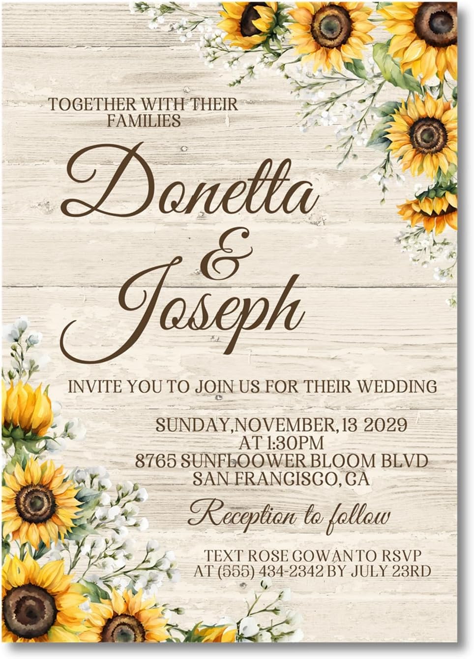 Sunflower Wedding Invitations, Rustic Farmhouse Floral, Personalized, Set of 12 Invitations with Envelopes