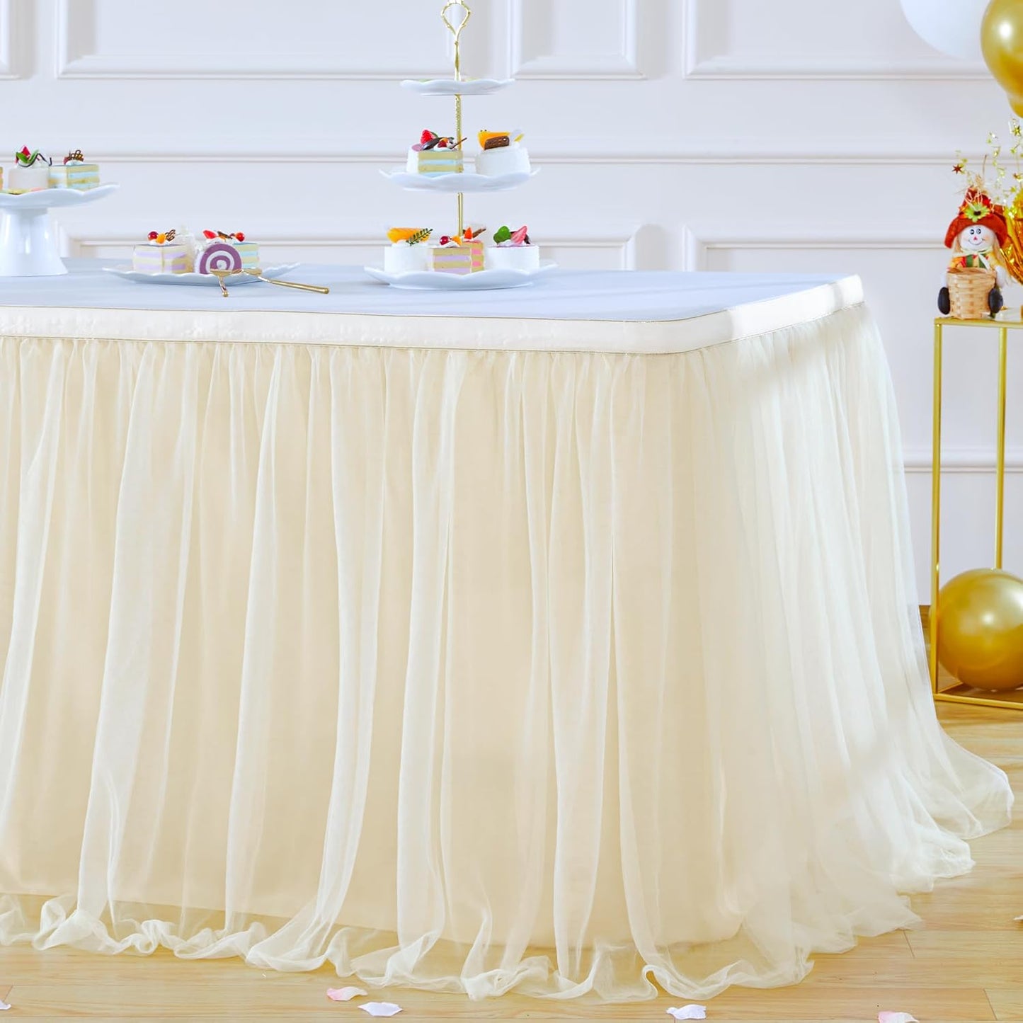 Suppromo 14ft Champagne Table Skirts for Rectangle Tables or Round Tables Champagne Tulle Tutu Table Cloths Cover for Birthday Party Wedding Baby Shower Dessert Cake Table Decorations