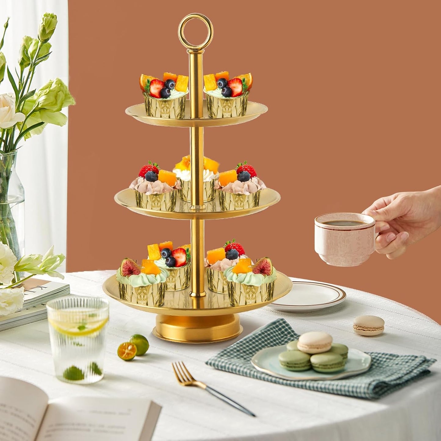 3 Tier Gold Metal Cupcake Stand Holder,Stainless Steel Cup Cake Stand Tower with Tiered Serving Tray and Base for Parties,Weddings,Birthdays and Any Festivals and Celebrations(2-Pack)
