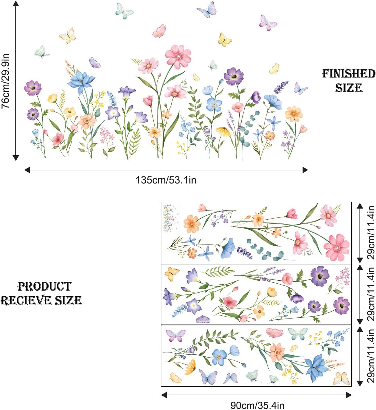 Flower Wall Decals Watercolor Wildflower Grass Butterflies Wall Stickers Peel and Stick Wall Art Decor for Girls Bedroom Living Room Home Office Wall Decor