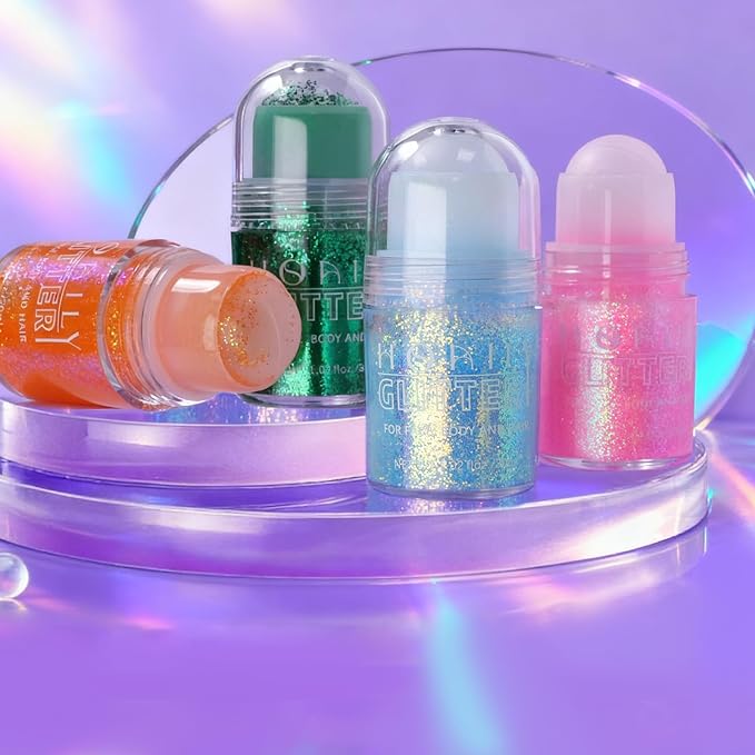 HOSAILY Roll-on Holographic Pink Body Glitter Gel for Face Hair, Chameleon Color Changing Glitter Gel Under Light, Chunky Mermaid Sequins Festival Party Rave Accessories Shimmer Halloween Makeup