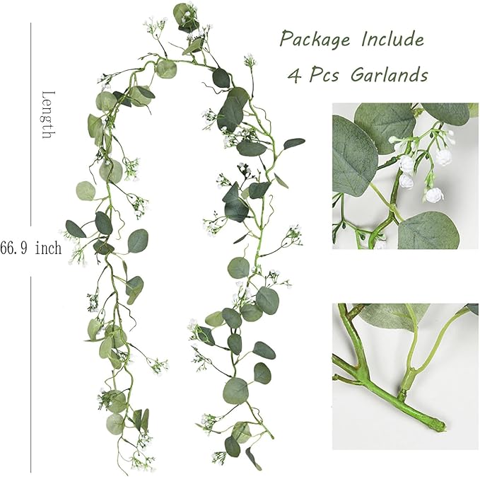 Artificial Eucalyptus Garland 4 Pack, Faux Babys Breath Flowers Gypsophila Vine 5.57Ft, Real Touch Hanging for Wedding Arch Party Home Decor DIY