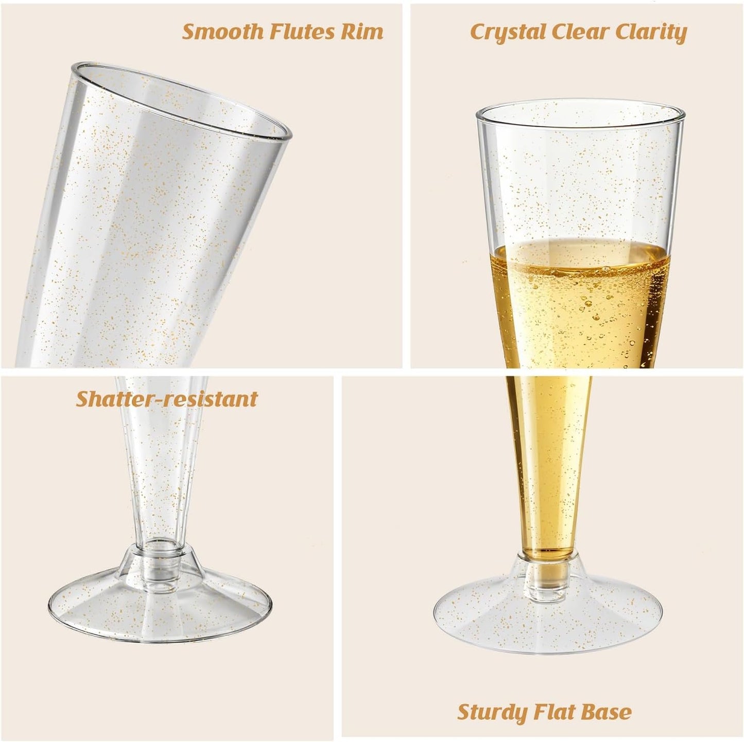 100 Pack Champagne Flutes Plastic Wine Glasses Disposable, 4.5 Oz Gold Glitter Mimosa Glasses for 2025 Engagement Wedding Birthday New Years Eve Xmas Party Supplies, Bulk Toasting Cocktail Cups