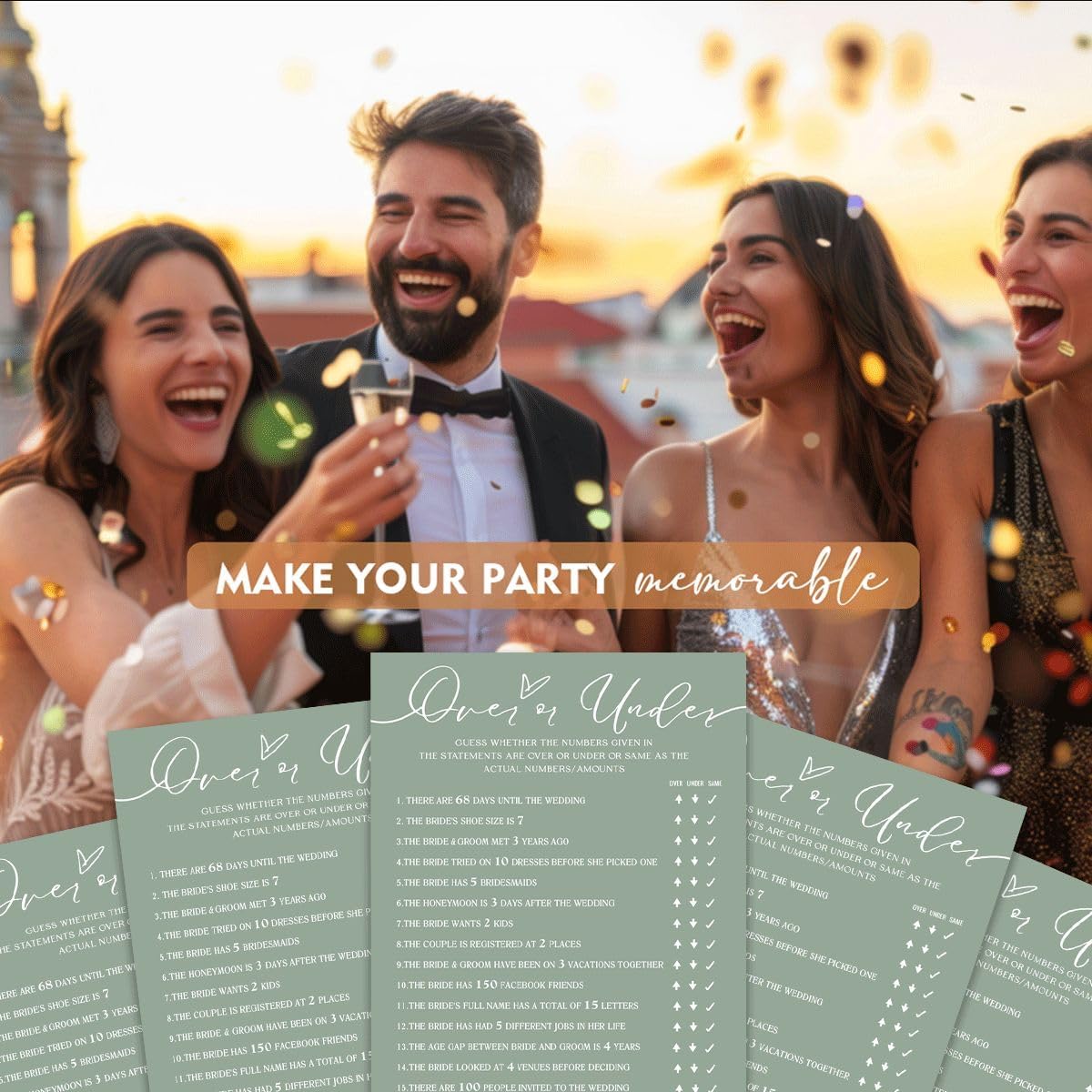 Bridal Shower Games Cards, Guess Over or Under, Bridal Shower Game 25 Guests, Engagement Party Wedding Games for Guests, Minimalist Green Wedding Party Supplies - C13