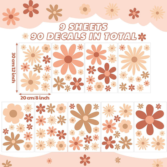 Kisston 90 Pcs Daisy Wall Decal Alphabet Vinyl Wall Decals Boho Decal Daisy Stickers Boho Groovy Floral Stickers for Nursery Art Bedroom Classroom(Classic)