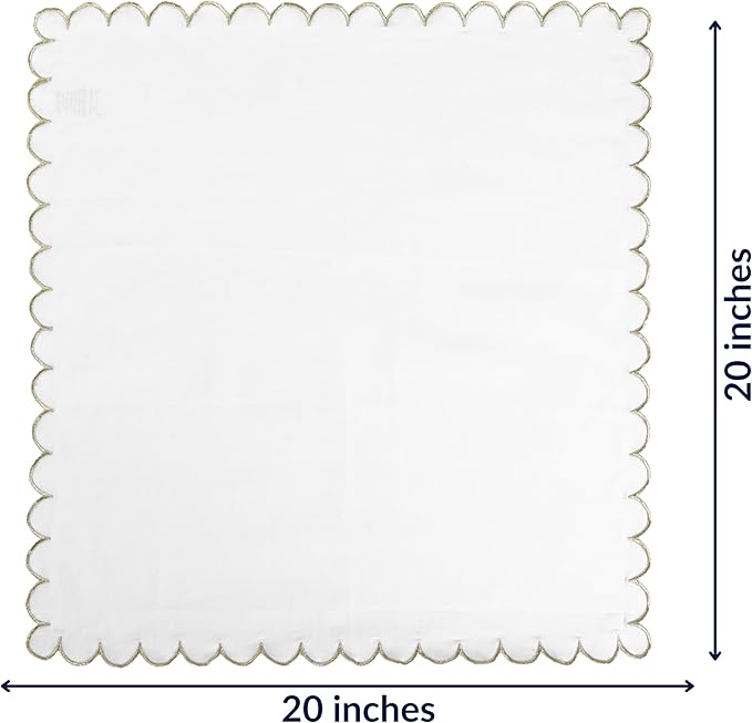 FINGERCRAFT Cloth Napkins, Everyday Use Scallop Design with Golden Zari, Premium Quality Natural Cotton Napkin Cloth Set of 6 Perfect for Parties Dinners Weddings Christmas 20x20 inch White