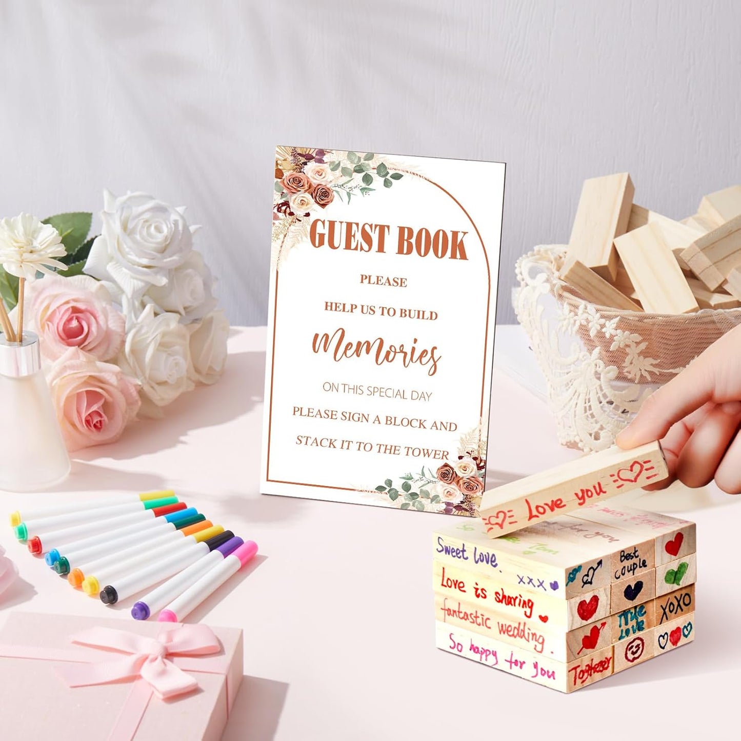 80 Pcs Wedding Guest Book Alternative Wooden Block Guest Book for Wedding Sign in Bridal Shower Decoration Wooden Block Bridal Shower Game for Sign in, Reception(Rustic)