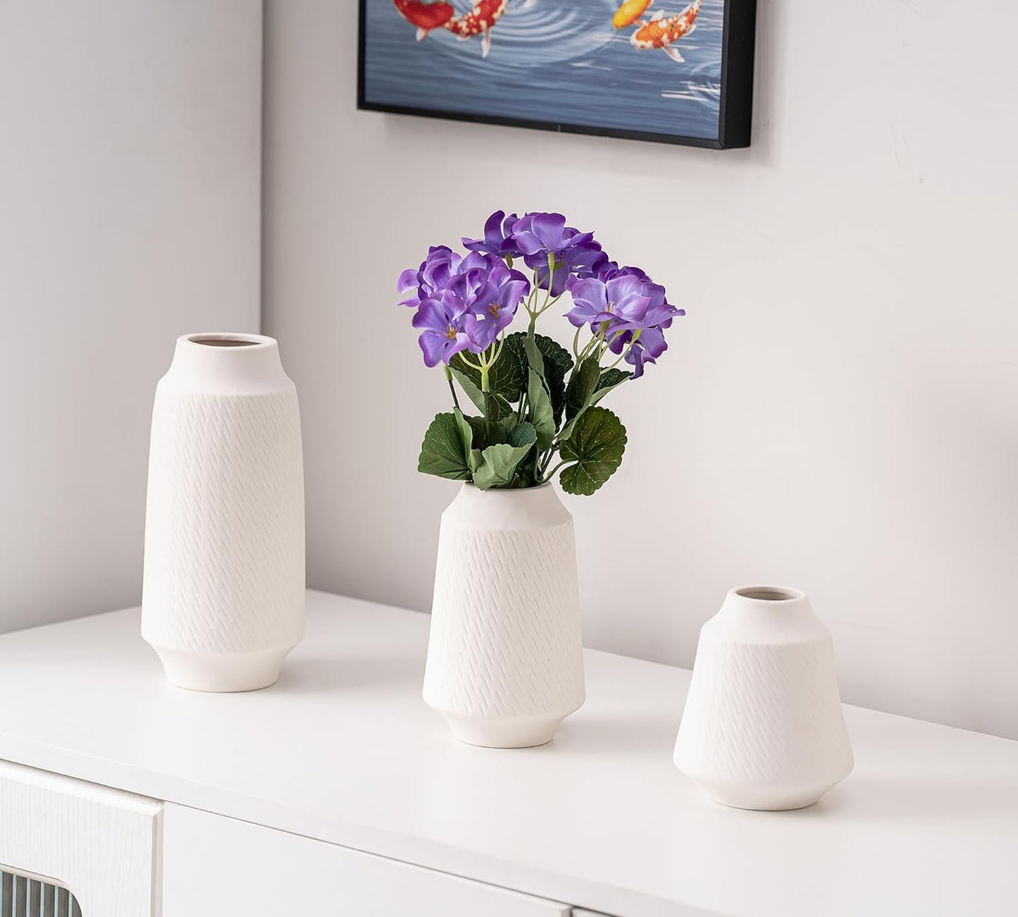 White Ceramic Vase Set of 3, Wide Mouth Small Flower 9” Tall Vase Modern for Home Decor Table Centerpiece Farmhouse Decorative Christmas