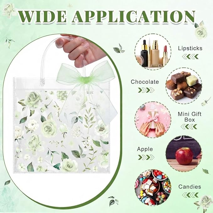 Wesnoy 24 Pcs Clear Floral Gift Bags with Handles Rose Green Flower PVC Treat Tote Bag for Tea Birthday Party Wedding Bridal Shower Bachelorette Anniversary Engagement Guests, 7.8 x 7.8 x 3.2 Inch