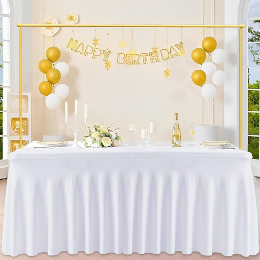 JCJ Table Skirt for Rectangle Tables Spandex Fitted White Tablecloths for 4FT Tables, Wrinkle Resistant Ruffles Elastic Table Cover Skirts for Teacher Desk Weddings Banquets Parties