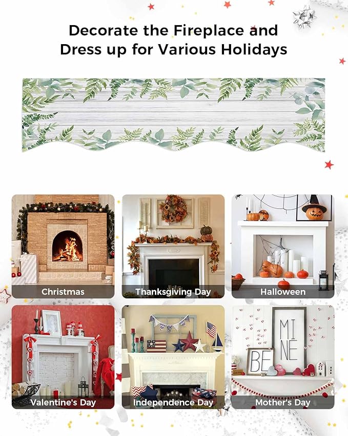 Eucalyptus Leaves Fireplace Mantel Scarf Table Runner, Summer Pastoral Botanical Gray Wooden Winter Garland Mantel Top Tablerunners Dresser Scarves Decorations for Windows Party Living Room 90''x17''