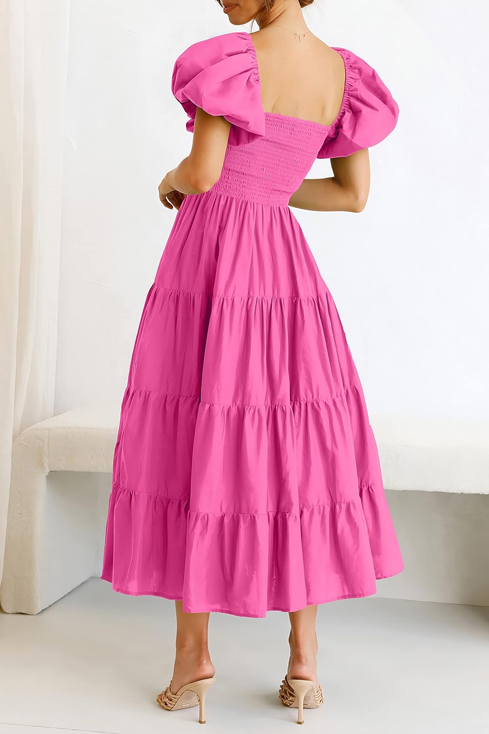 PRETTYGARDEN Women's Casual Summer Midi Dress Puffy Short Sleeve Square Neck Smocked Tiered Ruffle Dresses