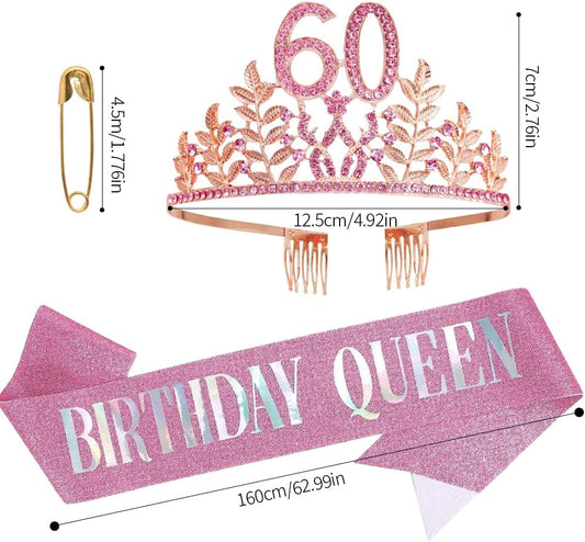 Birthday Sash Tiara Birthday Tiara Rhinestone Crown Rose Gold Birthday Queen Tiara Sash and Tiara for Women Birthday Decor Princess Tiara Cake Topper Crystals Hair Accessories for Party