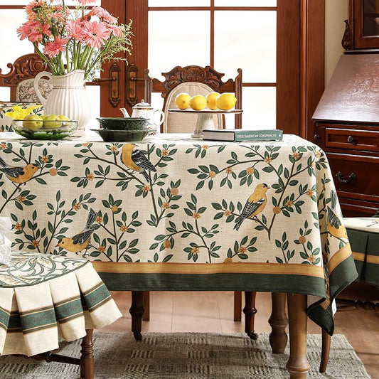 patdrea Designer Green French Linen Long Rectangular Tablecloth,Vintage Durable Floral Table Cloth,Decorative Table Cover for Kitchen Dining,Parties,Party,Christmas,Thanksgiving,63"x94"-Warbler
