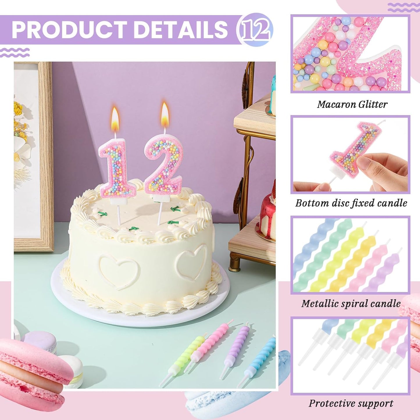 MTLEE Number 12 Birthday Candle with 12 Pcs Spiral Candles for Girls Macaron Pastel Rainbow Unicorn Pink Cake Topper for Sweet Theme Party Decoration
