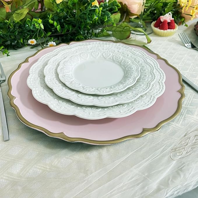 Pink scalloped charger plates with Gold rim, 13" Round Chargers for Dinner Plates, Set of 6 Plastic Plate Chargers for Weddings, Parties, Tabletop Decor.