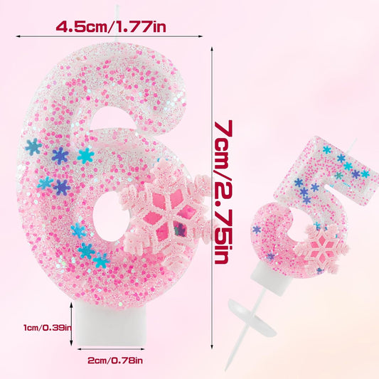 Pink Frozen Snow Themed Birthday Candles,Pink Snowflake Number 4th Birthday Candle for Party Supplies,Winter Frozen Birthday Party Number 5 Cake Topper Decorations