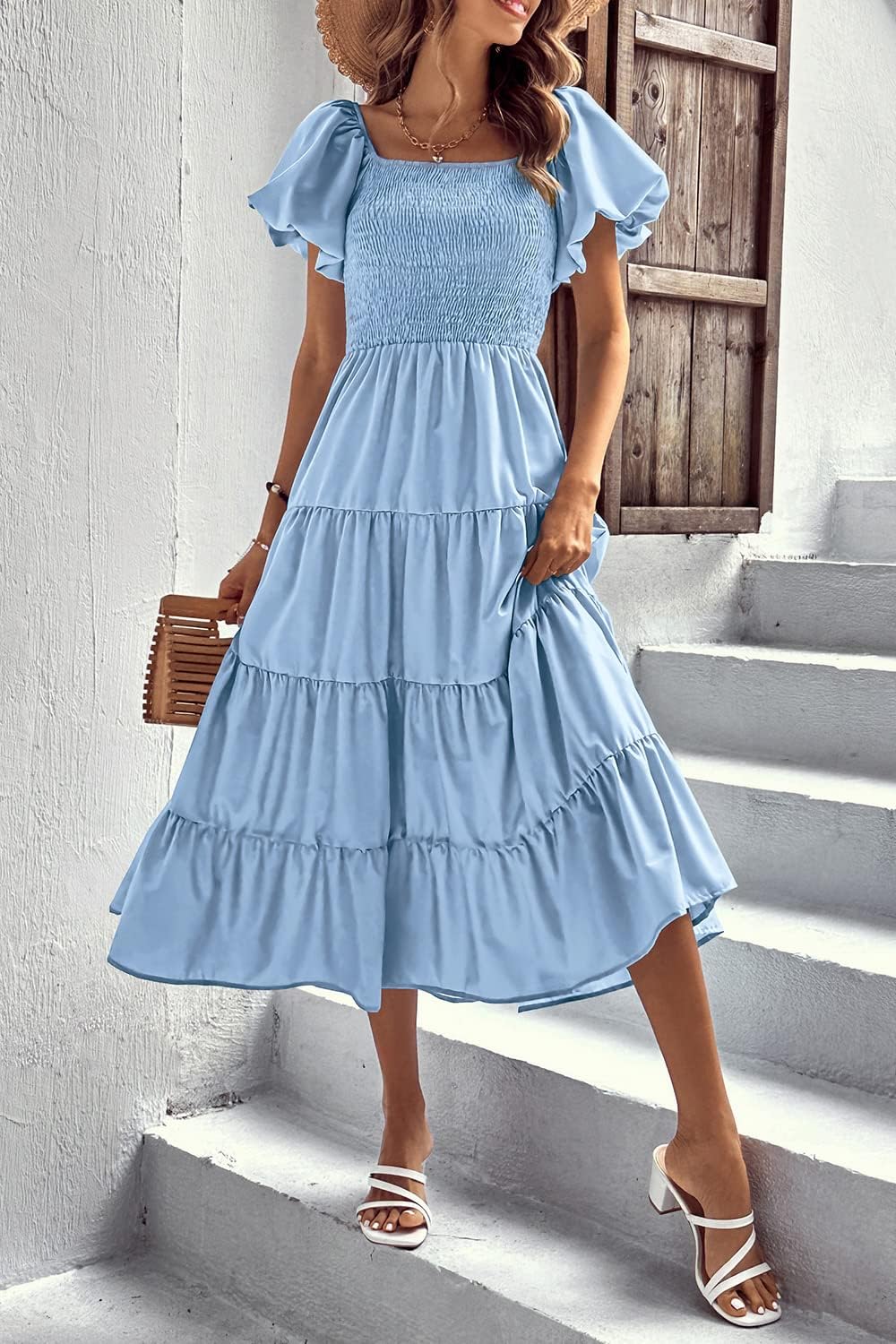 PRETTYGARDEN Women's Casual Summer Midi Dress Puffy Short Sleeve Square Neck Smocked Tiered Ruffle Dresses