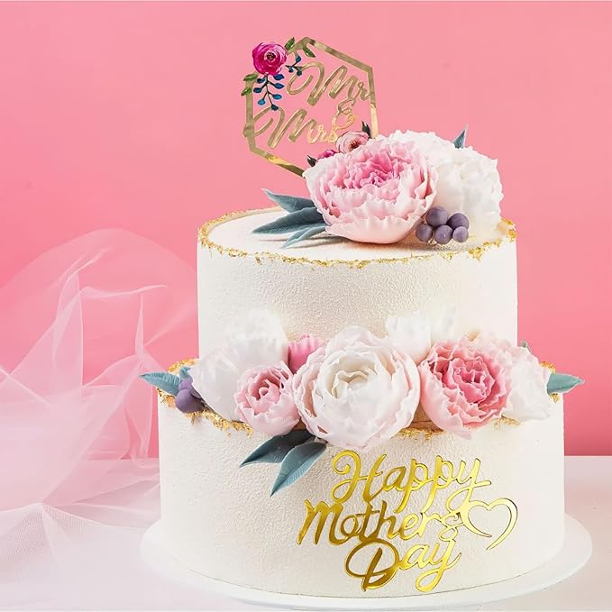 10 Pcs Happy Mother's Day Cake Toppers Gold Acrylic Mirror Cupcake Toppers for Mother’s Birthday Side Cake Decorations