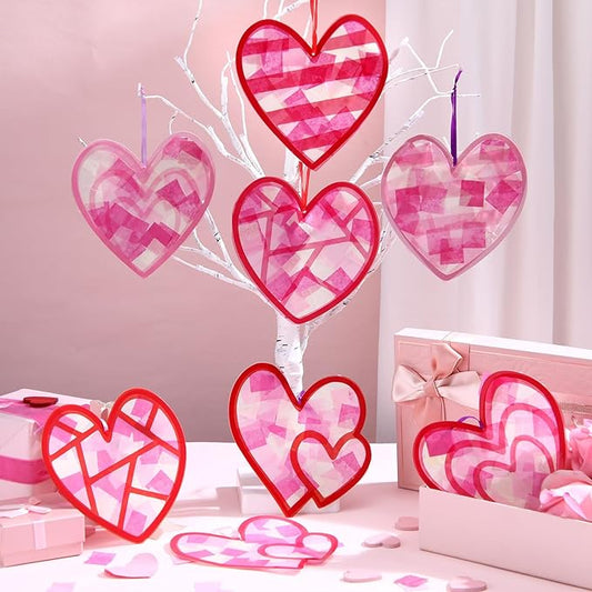 Motipuns 32 Sets Valentine Suncatchers Paper Craft Set DIY Heart Shaped Window Stained Glass Effect Paper Kit for Valentine Mother's Day Art Projects Party Favors(Cute Style)