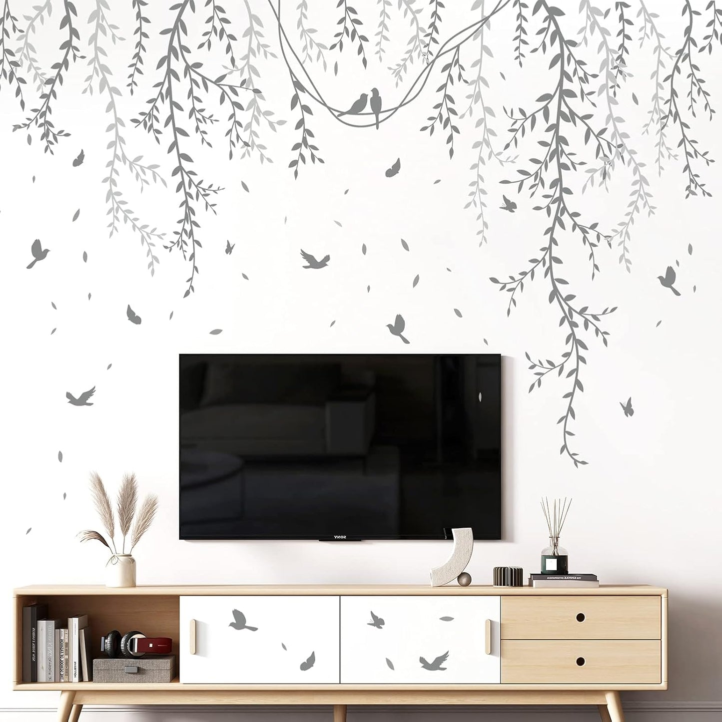 Hanging Willow Branch Wall Stickers DIY Grey Vine Leaf Plant Wall Decals Peel and Stick Grass Birds Butterfly Art Mural Decortions for Kids Baby Girls Nursery Bedroom Living Room Offices Classroom