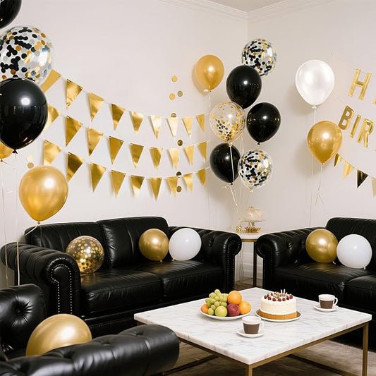 Black Gold Confetti Balloons, 12 Inch Black and Gold Balloons with Ribbons Party Decorations for Graduation Birthday Wedding Prom Engagement New Years Bridal Shower Bachelorette Cocktail Party