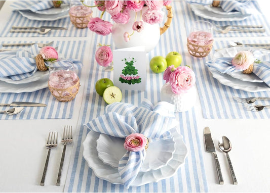 Solino Home Linen Table Runner 108 Inches Long - Amalfi Stripe, 100% Pure Linen Sky Blue and White Table Runner 14 x 108 Inch for Dining, Christmas