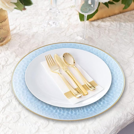 PARTY BARGAINS 13-Inch Charger Plates - 16 Pack, Hammered Blue Gold Rim, Heavy-Duty Disposable Chargers for Elegant Dining - Ideal for Weddings and Formal Events
