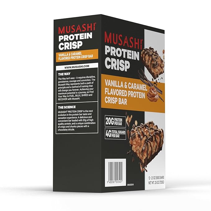 MUSASHI Protein Crisp Bar, 20g Protein, 4g Total Sugars, Vanilla & Caramel, Post Workout and Snack On The Go, 12 Pack of 2.1oz (60g) Bars