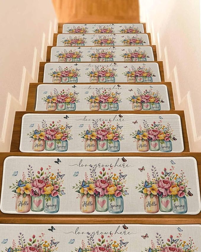Hello Spring Stair Treads Non Slip for Wooden Steps Love Grows Here Color Flowers Leaf Retro Linen Stair Runner Carpet Reusable Adhesive Staircase Rugs for Dogs, Elders and Pets, 8x30 Inch, 4PCS