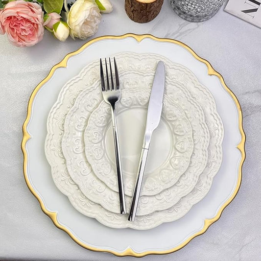 White Scalloped Charger Plates with Gold Rim, 13" Plastic Decoration Charger for Dinner Plates, Wedding, Tabletop Decor(Set of 6)