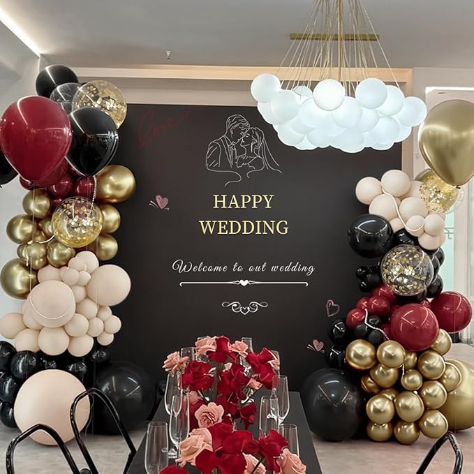 Burgundy Black White Gold Balloon Garland Arch Kit, 167Pcs Latex Maroon Balloons Different Sizes 18 12 10 5 inch for Birthday Graduation Wedding Anniversary Party Decoration