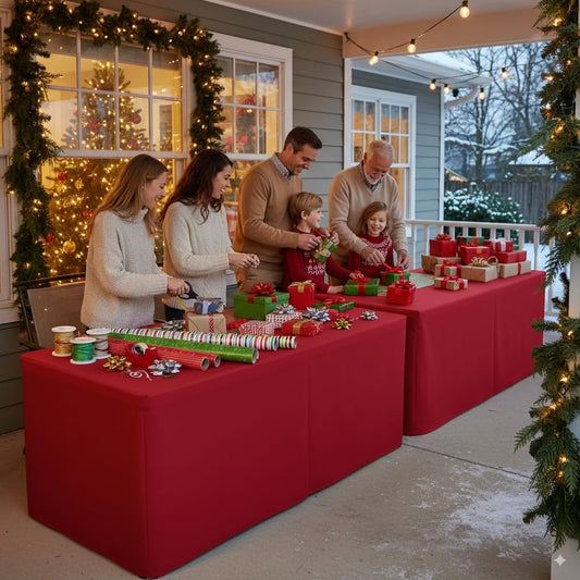 HolidayIdeas 2 Pack Red Fitted Tablecloth for 6ft Tables, 4-Sided Christmas Table Cover for Holiday Markets, Yard Parties, & Gift Tables, Wrinkle-Resistant Washable Xmas Decorations