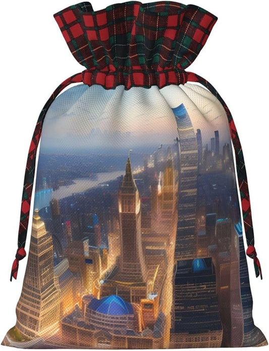 PULaif City Picture Night Christmas Drawstring Gift Bags, Large Size Christmas Bags For Gifts Party Favors, Xmas Gift Bags