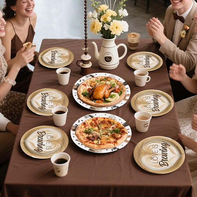 Grencian Love is Brewing Bridal Shower Decorations - 96Pcs Coffee Themed Bridal Shower Love is Brewing Plates and Napkins Disposable Tableware for Girls Wedding Engagement Party Decorations Serve 24