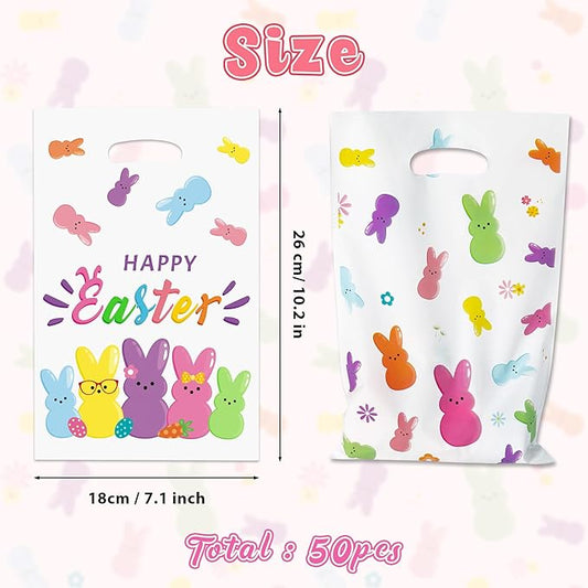 50Pcs Easter Bunny Peeps Party Favor Bag - Happy Easter Rabbit Plastic Waterproof Goodie Bag with Die Cut Handles Rectangular Candy Gift Bags for Kids Festival Decoration Party Favor Supplies