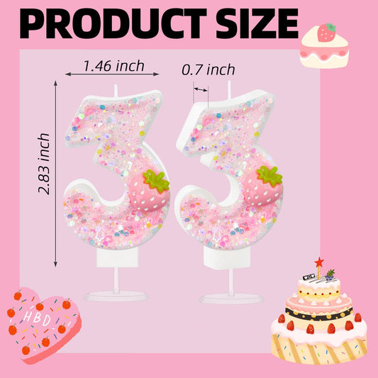 HXOUSE Strawberry Number 3 Birthday Candles - Pink Berry Birthday Candles for Cake, 3 Candle Topper for Anniversary Celebrations Supplies, Strawberry Party Decorations for Girl (No.3)
