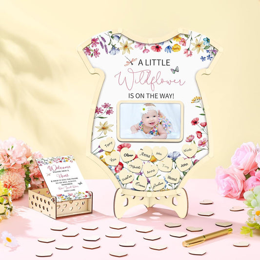 Wenqik 63 Pcs Wildflower Baby Shower Guest Book Alternatives Set Baby Shower Decorations with Photo Frame Sonogram Frame Keepsake 60 Wood Slices Guest Book for Birthday