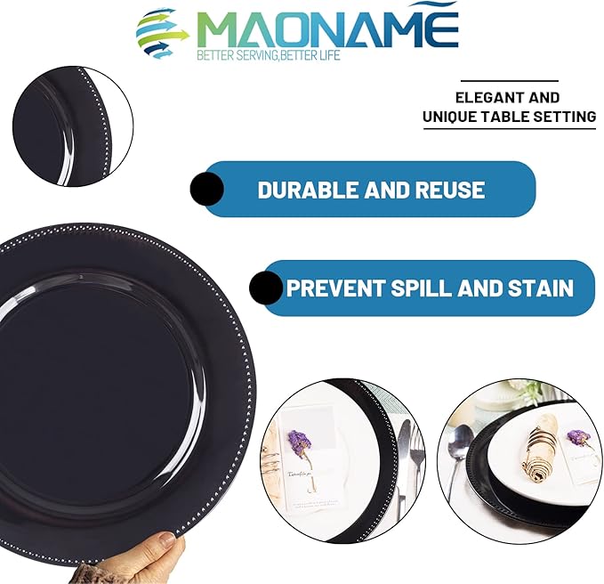 MAONAME 13" Round Charger Plates, Black Beaded Charger Plates, Plastic Plate Chargers for Dinner Plate, Wedding, Table Decor, Set of 6