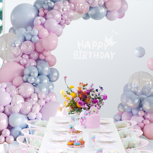 Pink Purple Blue Balloon Arch Kit 108Pcs Double Stuffed Pearl Blue Purple Iridescent Pastel Pink Blue Puple Clear Balloons for Girls Mermaid Birthday Party Baby Shower Bridal Shower Decorations