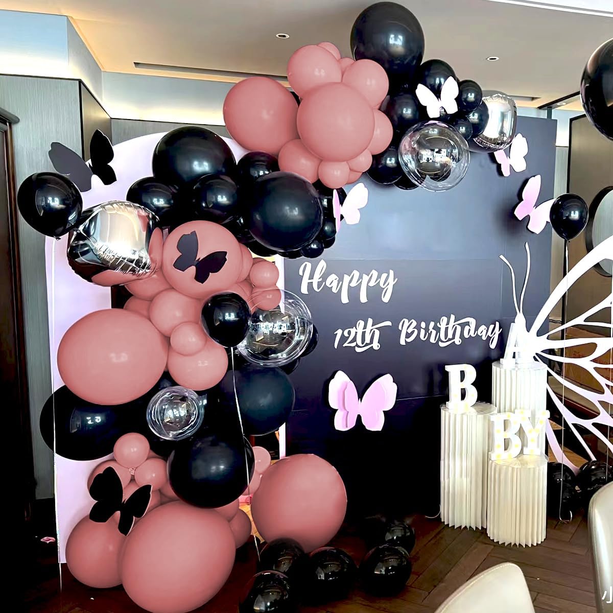 Dusty Pink Black Balloons Arch Kit, 151Pcs Black Pink and Bobo Balloons Garland 18 12 10 5 inch for Women Girls Birthday Wedding Bridal Shower Bachelorette Anniversary Party Decorations