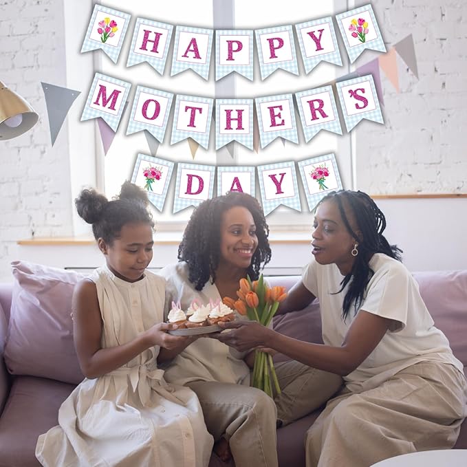 Happy Mother's Day Banner Set Decoration for Mother's Day Party Decorations Backdrop Garland for Mom Glitter Garland Photo Props (Blue Tulip)