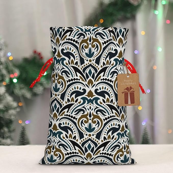 Jhggffd Boho Flower Pattern Christmas Gift Bags Christmas Treat Bags Cloth Christmas Gift Bag Drawstring Christmas Bags for Gifts Favor Bags Reusable Xmas Gift Bags for Holiday Party
