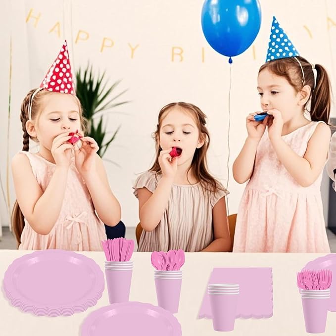 140 Pcs Pink Paper Plates and Napkins, Light Pink Party Supplies Include Scalloped Plates Napkins Cups Plastic Spoons Forks Knives for Baby Bridal Shower, Wedding, Birthday