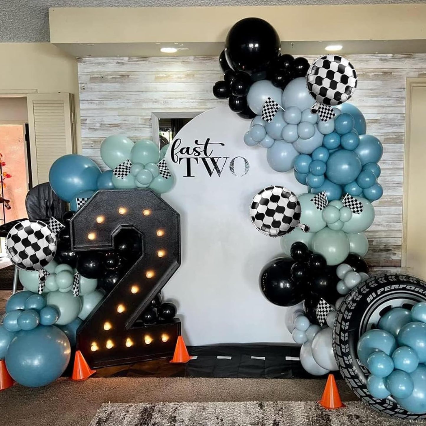 Race Car Balloons Garland Arch Kit, Dusty Blue Balloons Green Black Balloon Pale Blue Metallic Silver Balloon Arch Kit with Checkered Foil Balloon for Car Fast Birthday Baby Shower Party Decorations