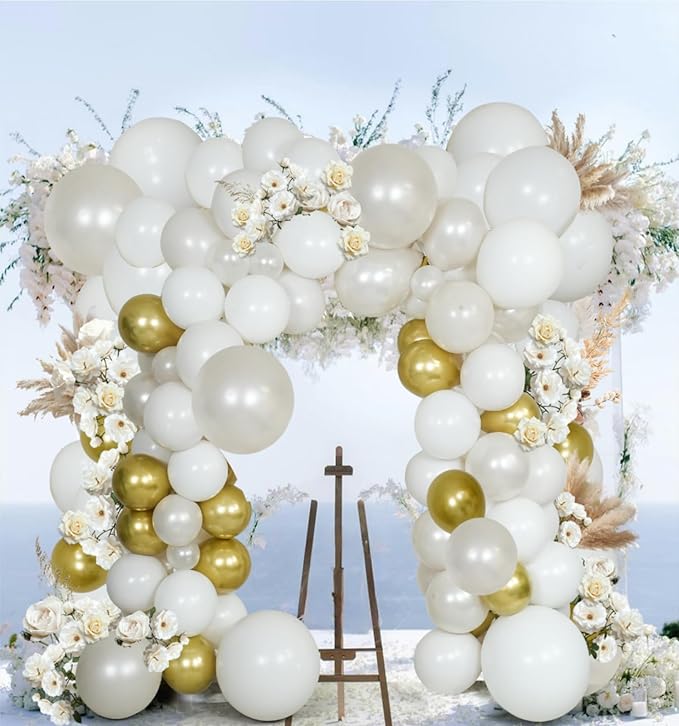 Pearl White Double Stuffed Balloon Arch Kit - Ivory, Cream & Champagne Gold Latex Balloons for Wedding, Bridal Shower, Birthday, Gender Reveal, Boho Party Garland Decor (98 Pcs)