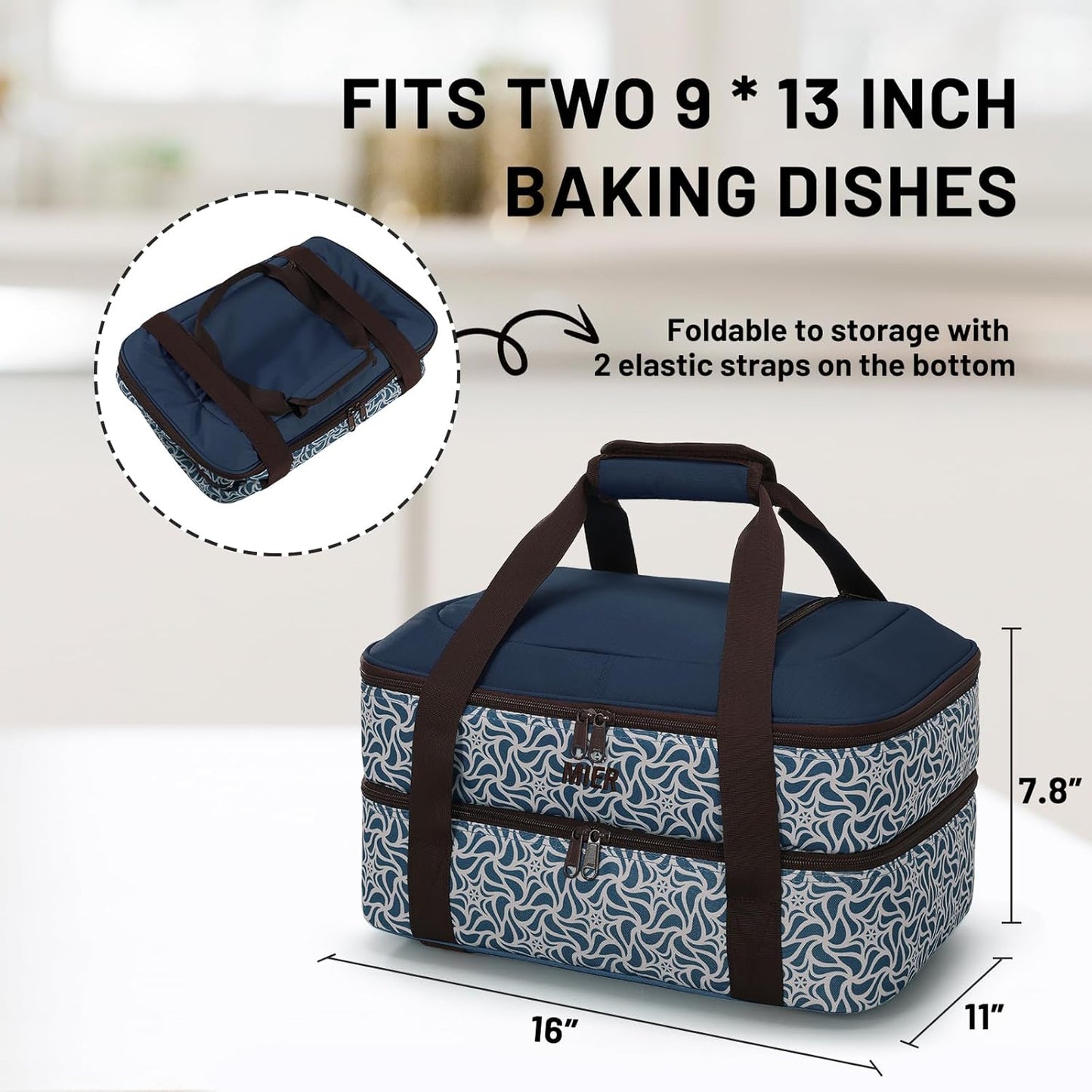 MIER Insulated Casserole Carrier Fits 9"x13" Baking Dishes/Foil Pans, Double Food Carriers Bag Thermal Holder for Hot or Cold Food Lasagna Lugger Potluck Parties Picnic Travel, Deep Blue
